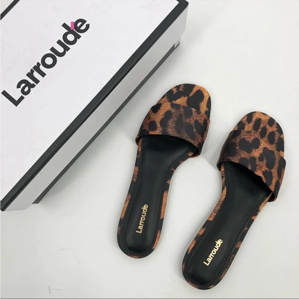 Larroude Women Ivy Flat Mule Sandals In Leopard Satin 7.5 NIB